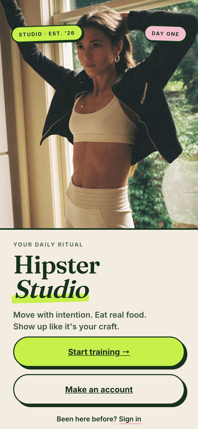 Hipster theme — warm cream and forest client app