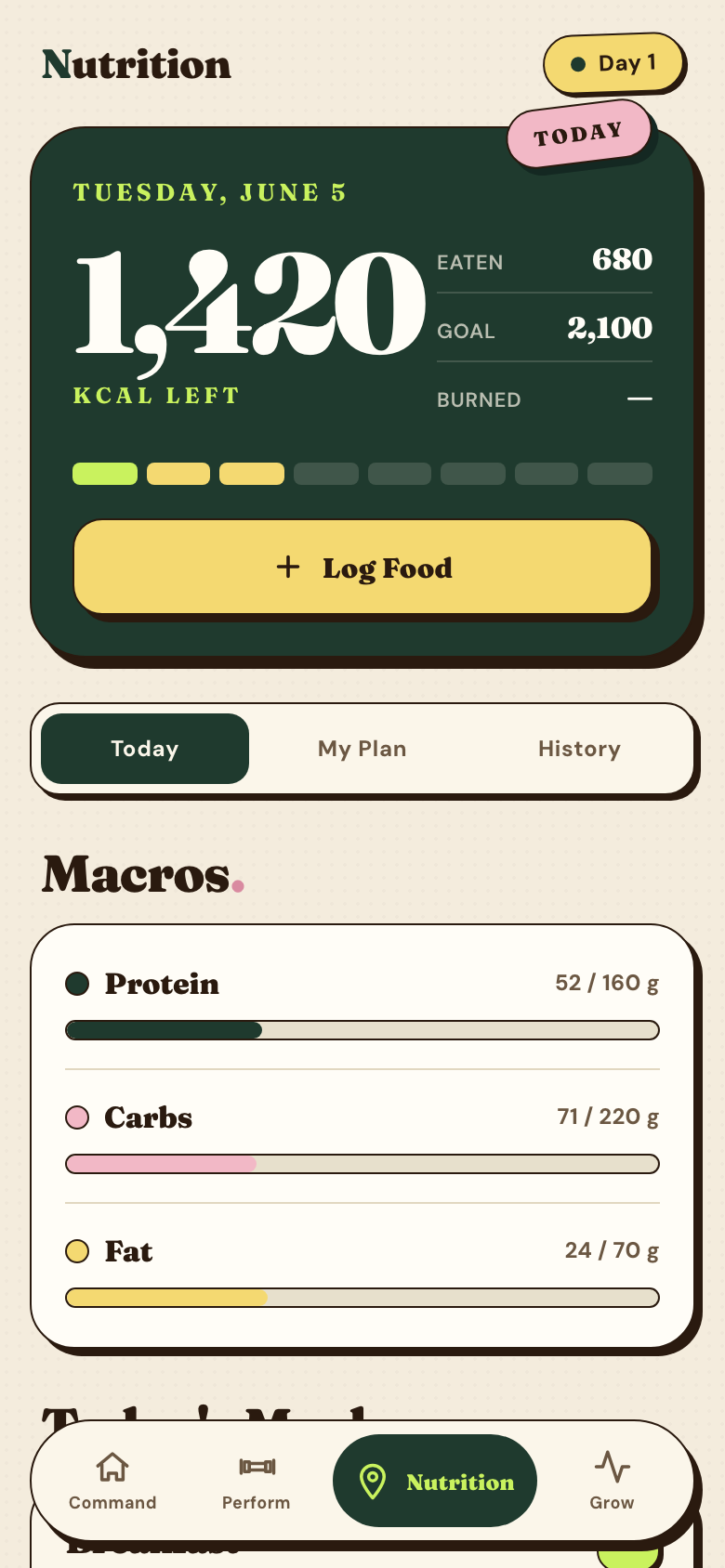 A branded client app — daily macro tracking